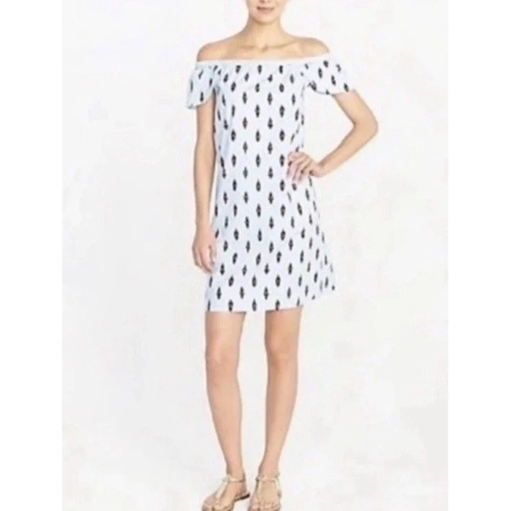 J. Crew Off‎ Shoulder Ikat Dress Blue Size Small Ruffles 100% Cotton Sun Shift